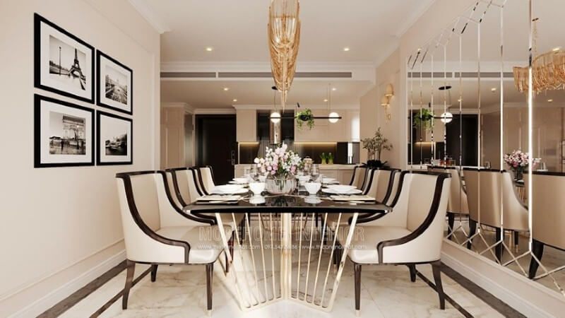 Nội thất phòng ăn chung cư ấn tượng với gương ghép tường