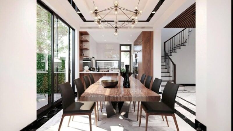 Sắp xếp nội thất phòng ăn đơn giản nhưng độc đáo trong cách phối màu, lựa chọn đồ nội thất hợp lý.
