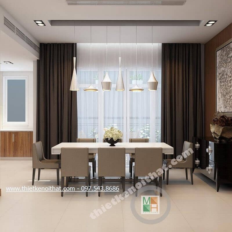 Thiết kế phòng ăn cao cấp với nội thất gỗ tự nhiên mang lại không gian sang trọng, ấm cúng cho bữa ăn gia đình